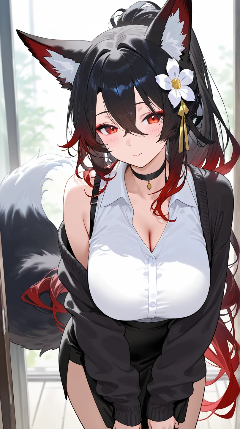 (((masterpiece, best quality))), (((superior quality))), cute girl, ((extremely detailed girl)), ((huge breasts)), fox ear, shrine maiden, (bare shoulders), strapless top