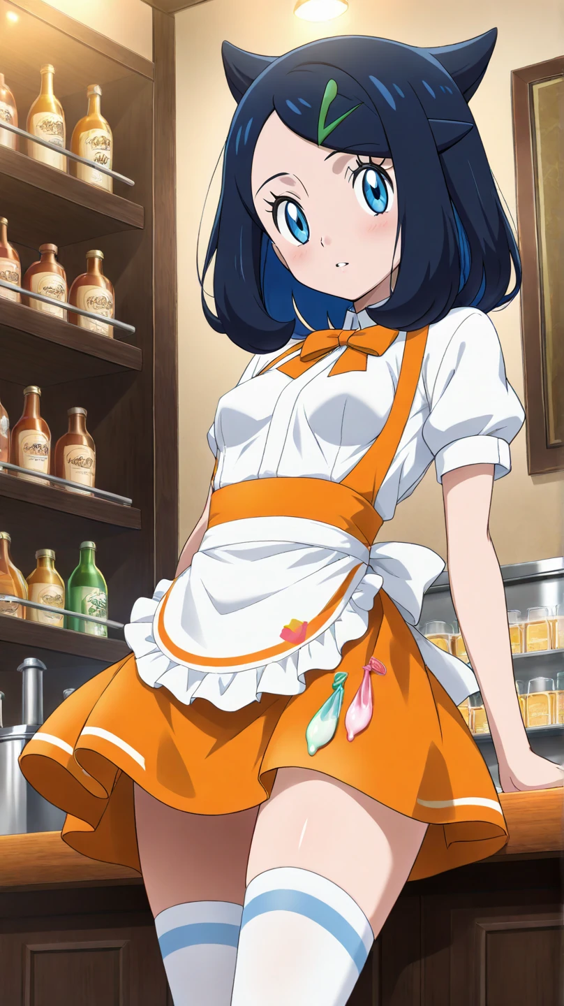score_9, score_8_up, score_7_up, source_anime, 1girl, (Fuwa Kokone, blue hair, medium hair), full-face blush, embarrassed, smile, crying, teeth, smile, closed eyes, micro bikini bra, white brim, micro maid waist apron, cuffs, collar, blue bow, zettai ryouiki thighhighs, looking at viewer, (sagging huge breast), long erect nipples, dirty dark large areola, puffy nipples, (skinny), (short stack:0.5), milf, futa, flaccid foreskin penis, cum burst, natural (black:1.2) armpit hair, Unshaven black Pubic Hair, nsfw, standing, Serving cum milk and penis dildos with tray, cafe