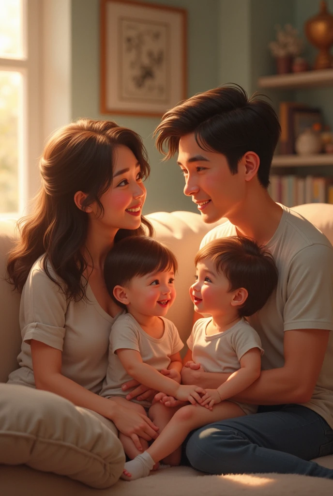 Family of four. SIX months old baby girl. FOUR years old baby boy. Husband and wife. Realistic. Light. Asian. Family pic. Young couple. 26 & 26