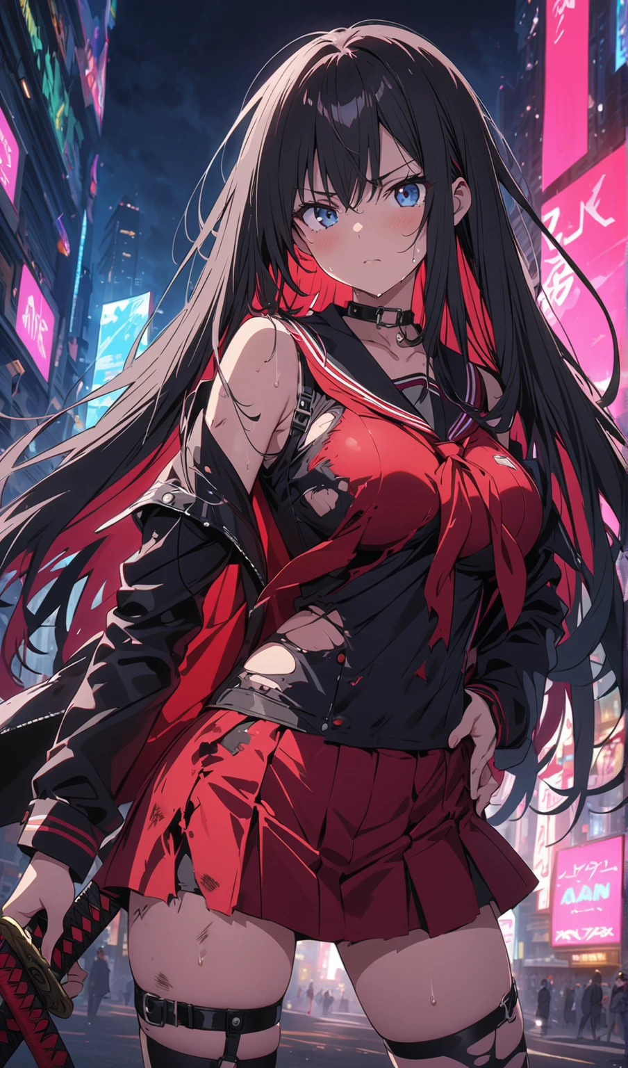 beautiful, masterpiece, best quality, extremely detailed face,  perfect lighting, 1girl, solo,  matoi ryuuko b, senketsu, suspender skirt, squatting,blush,  cowboy shot
