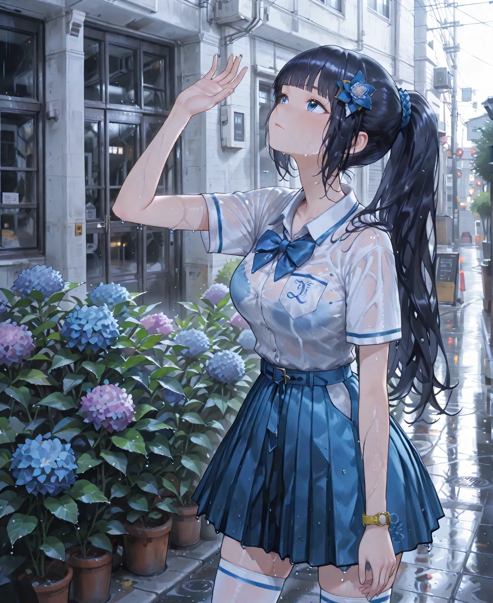 1girl, solo, virtual YouTuber, Aoi_costume 2, dark haired, long hair, ponytail, cropped bangs, hair ornament, white thigh high socks, very big breasts,My clothes are wet from the rain,Street,Waiting under the eaves,By the hydrangea field、facing up