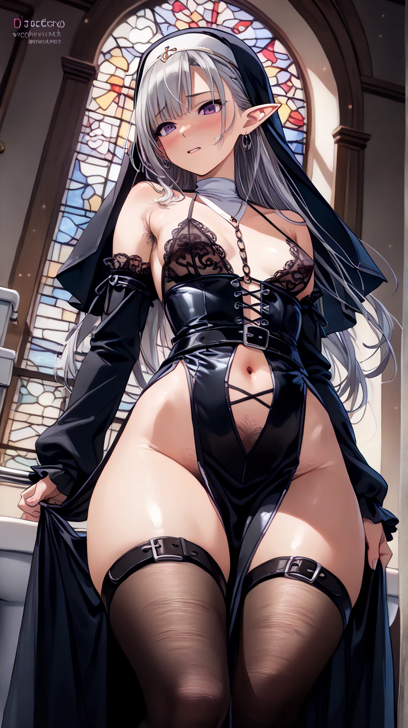 1girl, solo, asuna, large breasts, smiling, ((nun super small outfit), nun veil, necklace), church background, beautiful face, perfect detailed lines, (masterpiece), no blur, 8k image. Super tight, translucent clothes, small mini lace lingerie, hard nipples, showing lot of skin