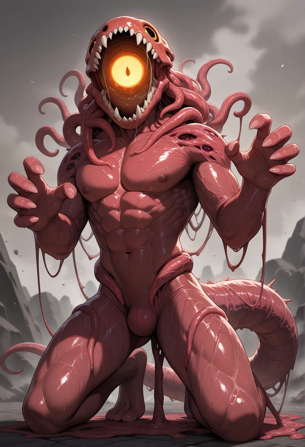 Full body image "(Highest quality, 8k, ultra-detailed), Portraiture, Dragon Ball,majin vegeta, Muscular, Calm, Fearless smile, detailed, Blonde, strict, Intimidating, Powerful, Show off his strength", Brainwashed and possessed by Majin Buu,Controlled by an evil heart,Demon body and wing tattoo on forehead,Black slimy tentacles,Huge penis,,Black suit