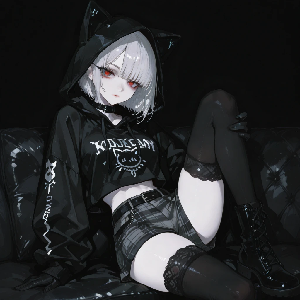 Short femboy, wearing black hoodie, wearing panties and thigh highs, short messy black hair, almost emo, shy boy, sitting cutely alone in living room, night time, tv is on, looks bored, and is also a cat boy.