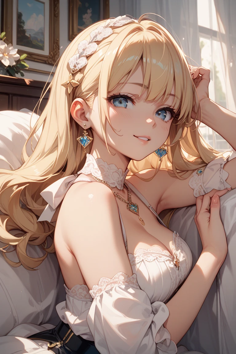 in 8K、top-quality、masterpiece、ultra-detailliert、Ultra-high resolution、Anime style、on the beds、laying on back、Pink cheeks、pink lipsticks、a blond、Braided hair、weddingdress、flower petals