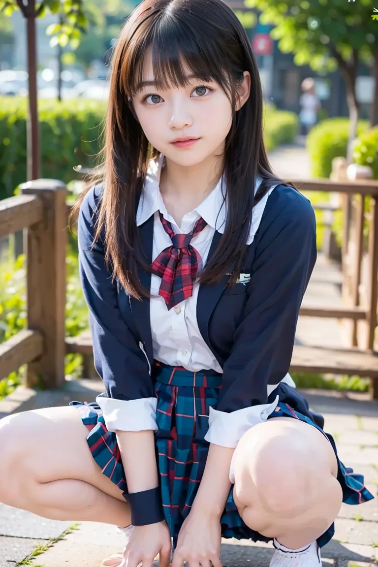 masutepiece, Best Quality, Illustration, Ultra-detailed, finely detail, hight resolution, 8K Wallpaper, Perfect dynamic composition, Beautiful detailed eyes, Japan schoolgirl uniform、,Short bob hair,Big Natural Color Lip, Bold sexy poses,Smile,Harajuku、20 years girl、Cute、Sexy shot looking at camera,Open your crotch、Squatting、Autumn background,Pink panties visible from the crotch of the skirt、I can see the panties.、I'm wearing pink panties inside my skirt、I can see my