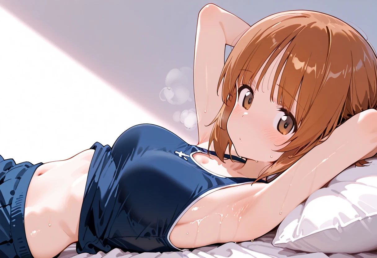 Imagine a stunning anime girl with tan skin, wearing a bikini top and cargo pants, lying on the floor in a state of starvation and discomfort. Her ribs are visible and her sweat glistens in the light, a range of styles and variations to choose from for this stylistic rendering.