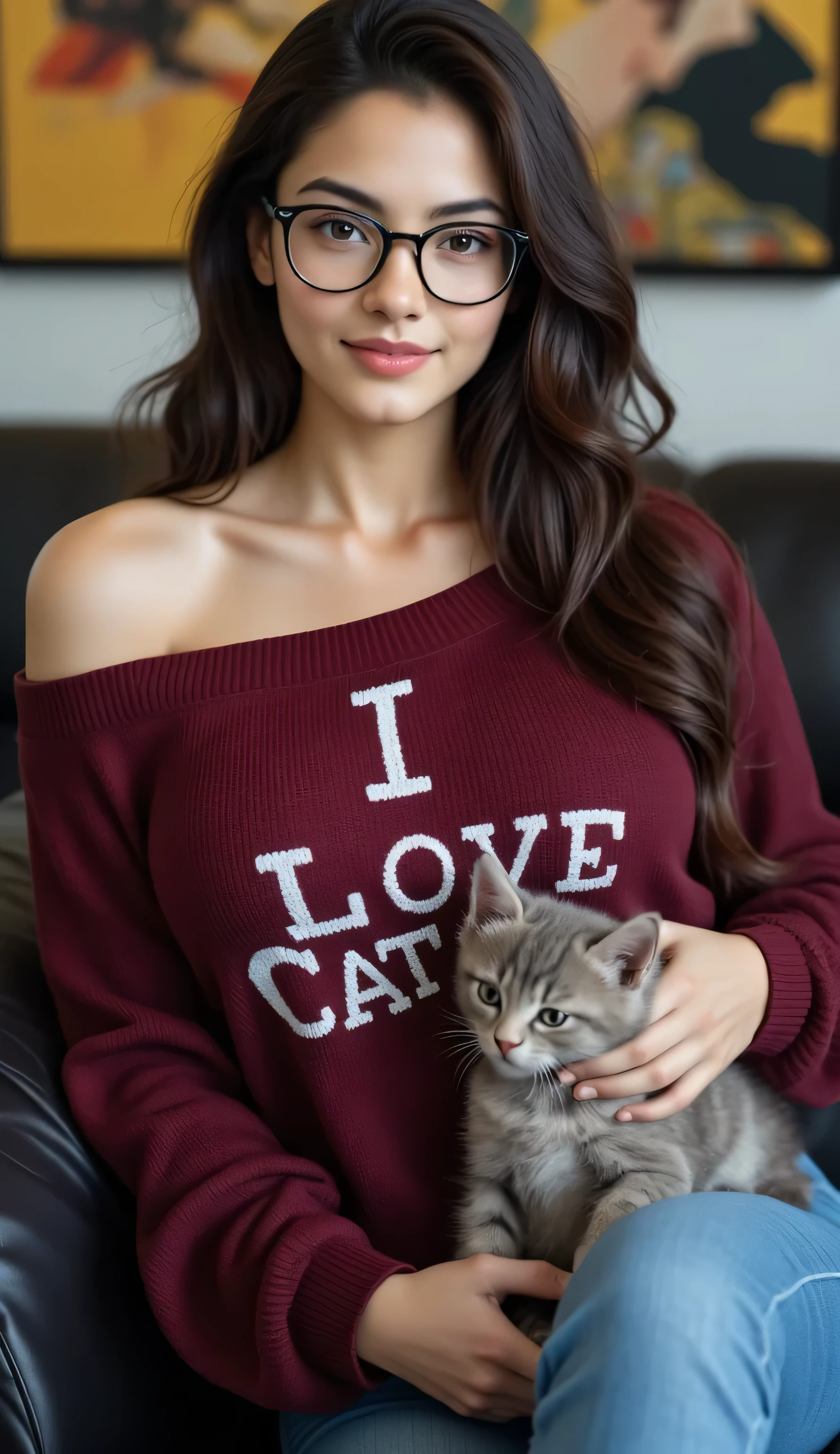 ((best quality, masterpiece, score_9, score_8_up, realistic photograph, life-like realism)), a beautiful 19year Asian girl supermodel, glossblack long hair, youthful skin glow, loose maroon ragtop sweater, one shoulder revealed, straps, with the words "I Love Cats" sewn into the sweater in white, she's wearing glasses, smiling, smirking, background bokeh expensive elegant art room, she's lounging on a black leather couch, relaxed, smirking, ((((she wears loose-fitting blue denim pants, relaxing)))), a small cute gray kitten is in her lap, she is petting the kitten