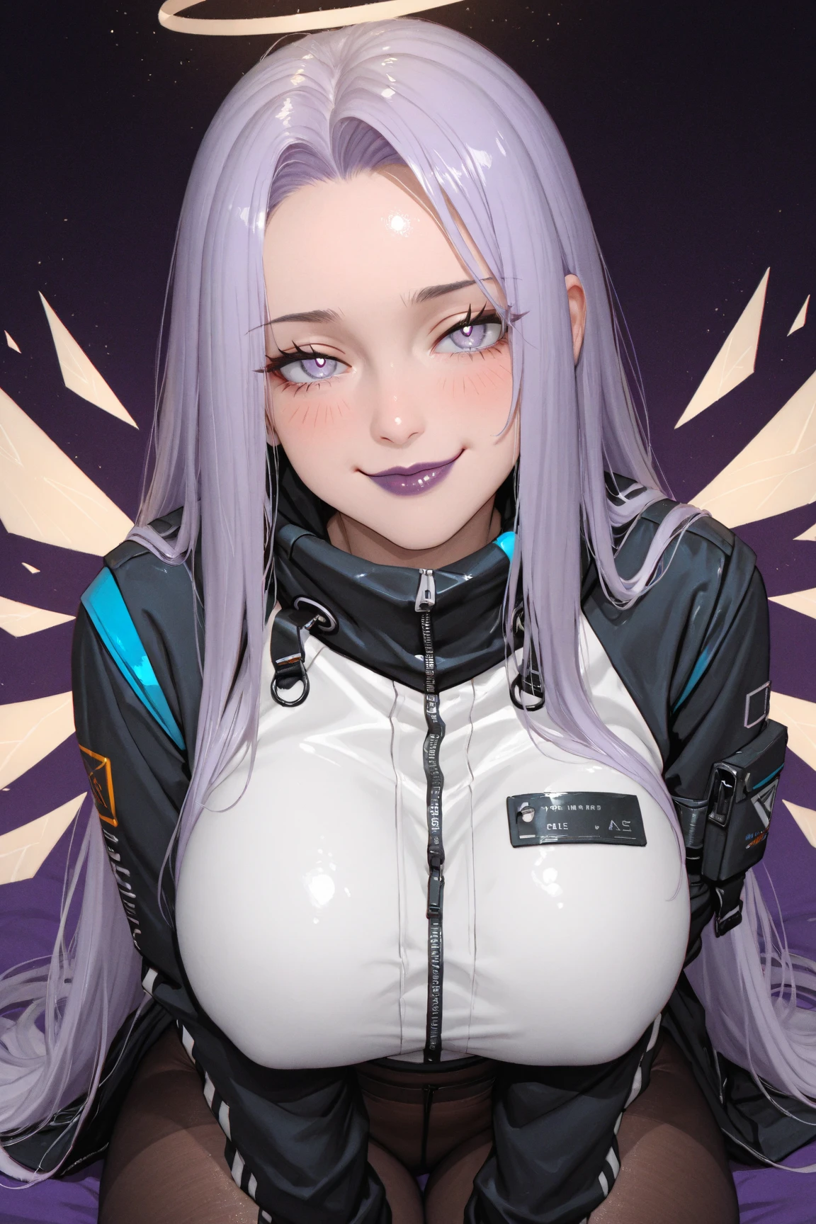 1girl, baiyi, bangs, black choker, black gloves, blue eyes, cleavage, earrings, fingerless gloves, grey hair, high ponytail, black background, jacket, jewelry, large breasts, long hair, looking at viewer, nail polish, parted lips, smile, red lips, purple nails, solo, upper body,[[realistic]],(shiny skin),(masterpiece:1.4),(best quality:1.4),gigantic breasts, pink lips