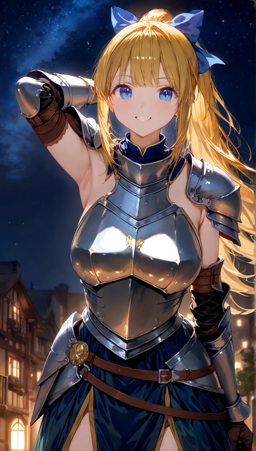 photo of 1girl in, teenager, Solo, Aesthetic artwork, (blond, straight blonde hair, super long blonde hair:1.35),  ((portrait)), ((light blue eyes, small freckles, pale skin:1.2)), (thin hips, thin waist, runners body: 1.25),  (A-cup, small breasts: 1.4), (wearing hair_bow, armor, breastplate, shoulder_armor: 1.5)), (high detailed castlesrooftop: 1.3), (realistic photo, best quality, detailed), (8k wallpaper), (cinematic lighting, dramatic lighting) (sharp focus, intricate)