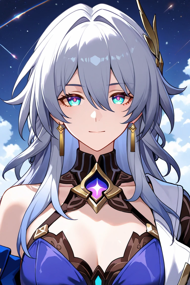 (masterpiece)、(highest quality)、((Super detailed))、(super delicate)、cute、Pastel colors hair、beautiful breasts、Gorgeous、fantastic sea of stars、Gold, silver, and purple costumes