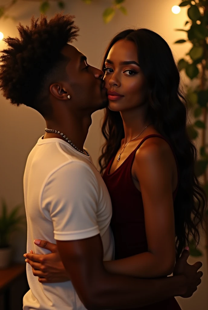 Very tall French-Nubian featured male model with curled and side parted hair, toned body, dark skin, vibrant purple eyes, tall thin toned body. Kind expression, standing behind a shorter woman, pale skin, vibrant blood-red-maroon lightly curled side-parted hair, that reaches to her sternum, black bra and black panties. Her expression is amused. Inside a classical French bedroom, canopy bed, low lighting.
