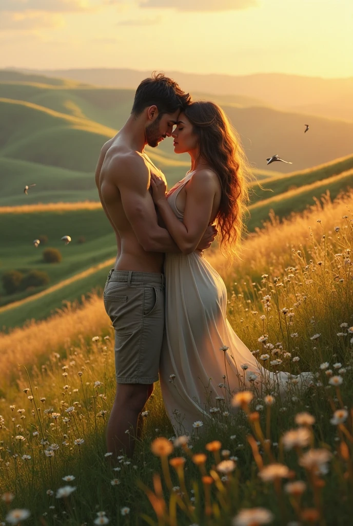 A girl and a boy both treat each other like husband and wife in a corn field and take off each other's clothes.
