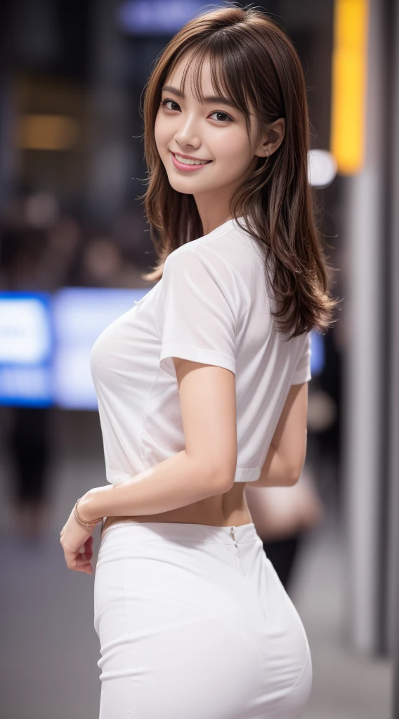 8k, Tabletop, RAW Photos, Highest quality, Realistic, Highly detailed CG Unity 8k wallpaper, Depth of written boundary, Cinematic Light, Lens flare, Ray Tracing, (Very beautiful face, Beautiful Lips, Beautiful Eyes), Exquisitely detailed face, ((Highly detailed skin)) One Girl, In the Dark, Deep Shadow, Cute Korean Girl, K-Pop Idols, 1 girl, (Very slim and slender fit muscular body:1.3), ((View your viewers)),(Big smile:1.3), (Fashion City Night, Dark Night, (Neon Signs), (Blurred Background), Fashion Street Night),(No people in the background:1.3), Beautiful earrings, bracelet, necklace, pantyhose, Clear Eyes, walk, (Pale skin), (Big eyes), Look forward, (Brown Hair), (Full Body Shot), (()), (()), , (View your viewers:1.3) Open chest, Very slim, huge , Backtrack, (Buckshot), Ass Focus, In front of eyebrows,Thick thighs,Ayase Haruka、Swimwear