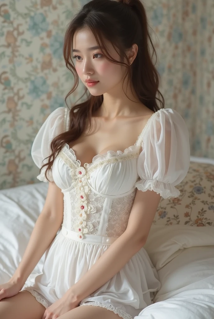 Korean, Realistic, artwork, final detail, photo Realistic, intricate detail, octane rendering, 8K, 1 girl, full body, perfect face, pretty face, , reference, hair detail, black bow, black gloves, black legs, blue eyes, blue hair, bow, collarbone, dress, sticking hair, ruffles, ruffles, gloves,  headdress, high resolution, long hair, parted lips, puffed sleeves, purple eyes, smile, alone, white dress, oily skin,
