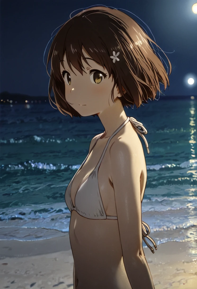 masterpiece, best quality, ultra detailed, 1girl, solo, flat color, cel shading, solid outline, tomboy, ultra detailed face, rim lighting, upper body, light brown pixie cut hair, (medium breasts:1.5), under breasts, wearing ivory latex bikini, palm trees, tropical beach at night with a view of the galaxy, wind is blowing hard