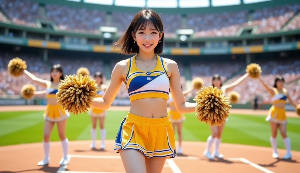 (Best-quality, Masterpiece, Ultra-High-Resolution, (Photorealistic:1.4), Raw Photo, depth of field, professional lighting, perfect anatomy, extremely details), 1girl, the most famous Japanese idol, (yellow cheerleading-sleeveless-long-shirt, yellow cheerleading pleated-skirt, white cheerleading panties), ((upturned ass)), ((extremely cute face, ((extremely cute big-eyes)), extremely cute hair), ((extremely beautiful and extremely realistic skins))), extremely beautiful legs, dynamic pose, looking at viewer, innocent smile, detailed yellow-cheerleading-sleeveless-long-shirt, detailed yellow-cheerleading-pleated-skirt, detailed white-cheerleading-panties-with-cute-design
