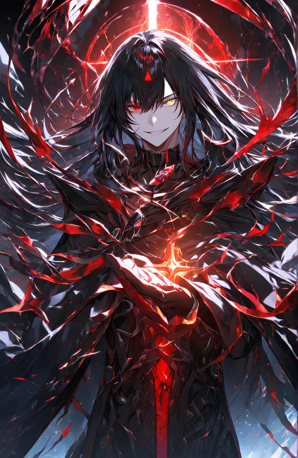 This is a man whose face is invisible., Just a black shadow, Has a pair of huge red eyes, Mysterious and great.