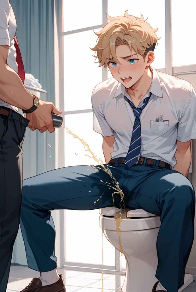 ultra-detailed, masterpiece, best quality, highres, nsfw, extremely detailed, (solo shoot:1.5), 1boy is lean guy, seductively posing on all fours, looking up flirtatiously, crawling, drunk, desperation, (restrained:1.5), shackles, handcuffs, short hair, work clothes, open clothes, bottomless, torn clothes, penis, (((excessive cum))), (cum on body:1.5), bus stop,