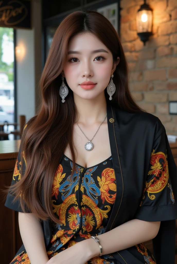 A photo of an extremely beautiful girl with long hair, wearing a colorful floral dress and gold necklace in the park, with a light blue sky. She has a round face, big eyes, full lips, high cheekbones, defined jawline, natural skin tone, natural makeup, and natural lighting. Posted on a WeChat group chat in 2024, the photo was shot in the style of Canon EOS R5 at F8 and ISO1600, from a front view.