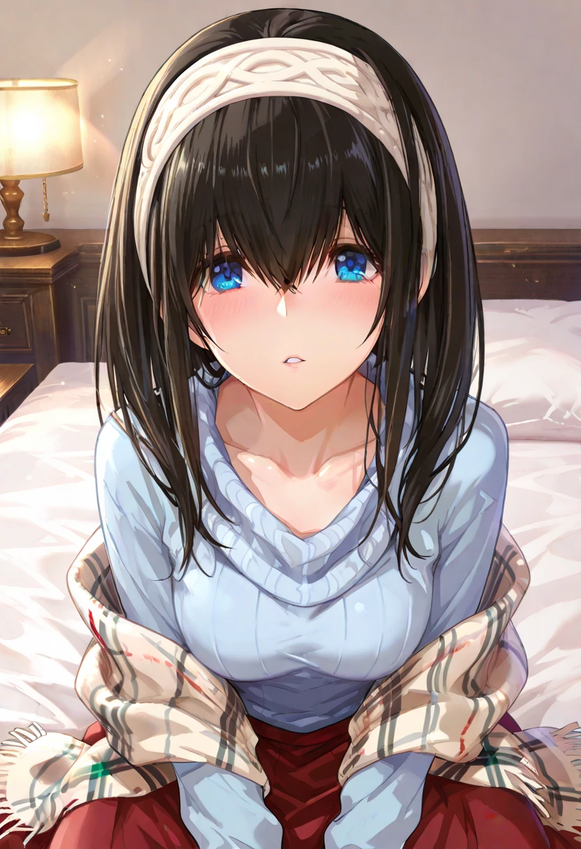 [[beautiful]], amazing, (best quality:1.5), (masterpiece:1.5), extremely delicate and beautiful, intricate details, finely detailed, extremely detailed, beautifully detailed, ultra-detailed, (hyperdetailed:1.5), high resolution, (illustration), watercolor pencil, Clear line drawing, (ufotable style:1.1), (ufotable screen cap:1.1), anime coloring, anime screencap, (latest picture), backlighting, dynamic angle, glow, depth of field, [[body satisfaction]], (body with a good balance of style:1.5), (slender figure:1.5), perfect body, perfect hands, perfect feet, (two arms:1.2), (two legs:1.2), (five fingers each:1.2), (perfect joint:1.2), perfect joint movement, beautiful detailed eyes, (detailed eyes:1.5), finely detailed eyes, perfect anatomy, full dissection, perfect composition, correct limbs, balance and coordination in all things, realistic:0.5, precise fingers and hands, (finely drawn hair:1.5), [[sagisawa fumika]], fumika sagisawa, black hair, long hair, blue eyes, medium breasts, small-sized buttocks, hairband, hair over eyes, blue sweater, collarbone, jewelry, necklace, shawl, sweater, [[Bedroom]], (bed:1.2), bed background, indoors, [[blush]], shy, (sweat:1.5), (teary eyes:1.7), (ecstasy:1.5), gasping face, (ecstasy face), (white liquid drips between her legs and down her thighs:1.5), (spread one's legs:1.3), (solo:1.5), self-love, self fondle, 1girl, (doggy style), (on all fours:1.5), ass, top-down bottom-up,