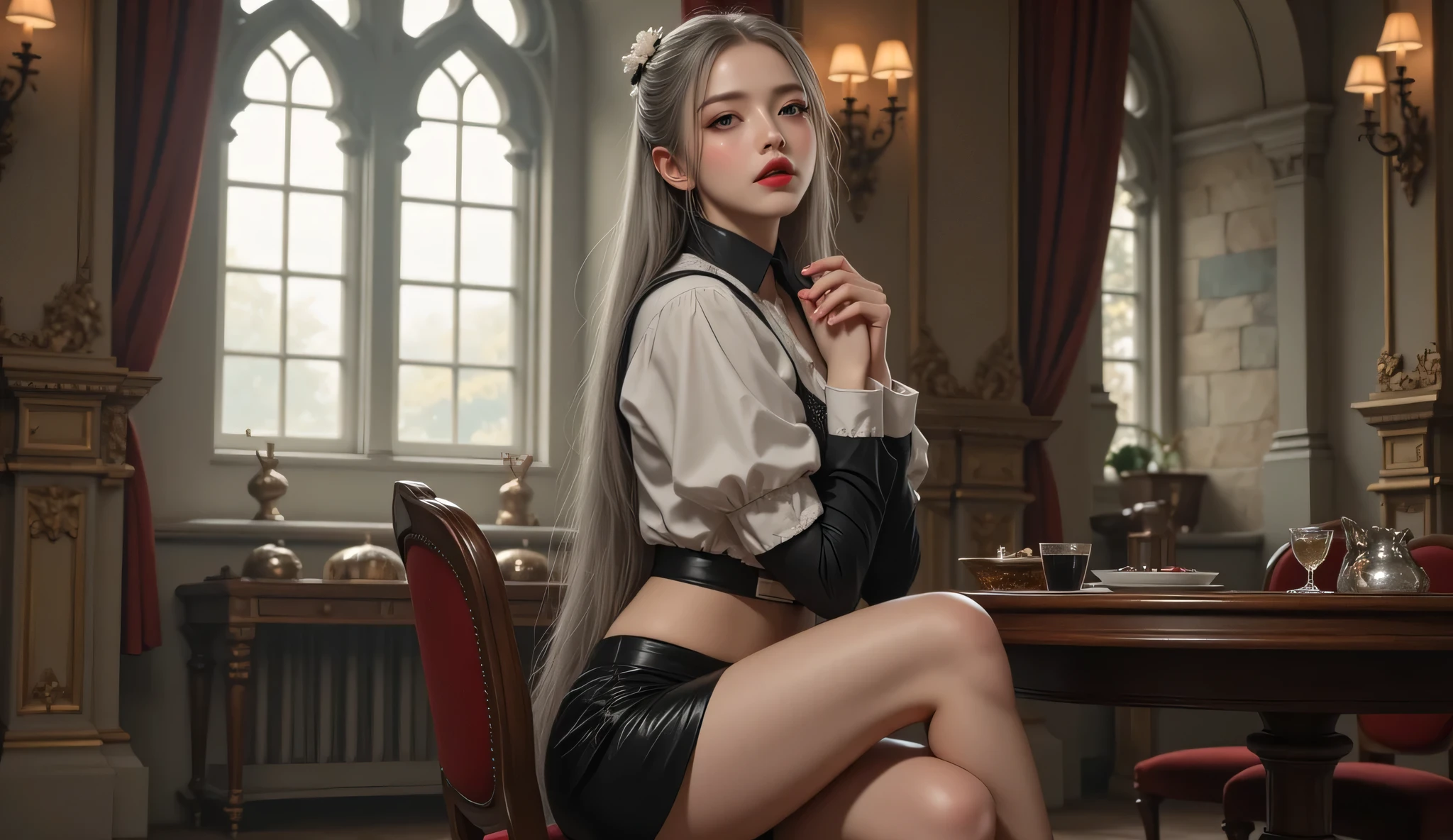 High image quality NUTRA FINECG Unity 8k壁紙、Highest image quality、High image quality NUTRA FINE、masterpiece、Authentic、Picture、High image quality NUTRA FINEキュートガール、18 years old、(Maid Cafe in an old European castle)、 (テーブルの上に膝を抱えてSitting Girl)、80mm wide angle lens、(Full Bodyアングル),(girl in maid clothes)、( Sitting Girl)、beautiful背中をベールで隠している、dynamic poses for large cleavage、(Shoyan)、(ponytail)、(Full Body)、(low angle)。Full Bodyアングル)、low angle、cheek、red lips、(low angle)bright body shot、sexyポーズ、(one shoulder black glossy no tube top:1。2)、(I'm wearing a black shiny mini skirt :1. howing breasts entangled under the chest)(Butt and abs:1.Skirt hanging over the buttocks)、(high heels:1. 5)、(beautifulヤン:1.3)、(perfect proportions:1.2)、(long legs:1.2)、(beautiful:1. 3)、(floral panties visible from under the skirt)、(wet hair、wet skin)、(sexy、Emoji)。holding the skirt with both hands)、Yan、(Skirt Left)、(gray long hair)、(European castles hazy on her back)、(ponytail)、