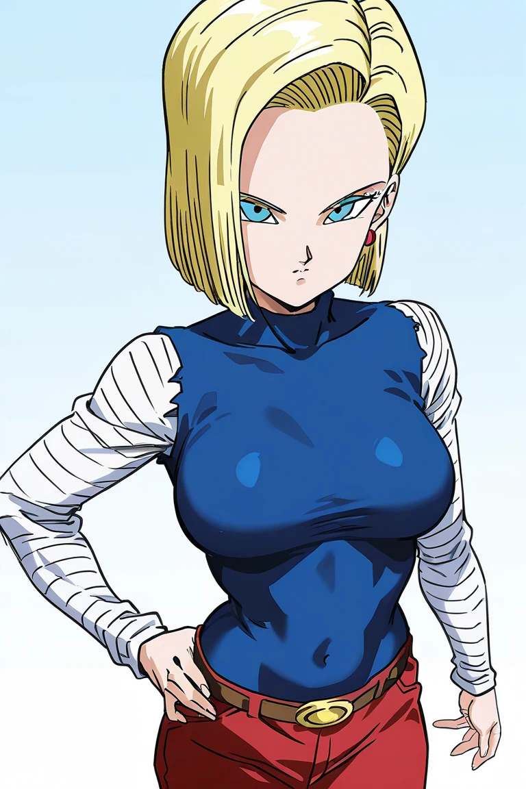 (masterpiece, best quality:1.1), 1girl, solo, (android 18:1.1), from dragon ball z, fair skin, short blonde hair, black and white battle outfit, blue eyes, gold hoop earrings, sarashi, bandages, leaning back, hand on hip
