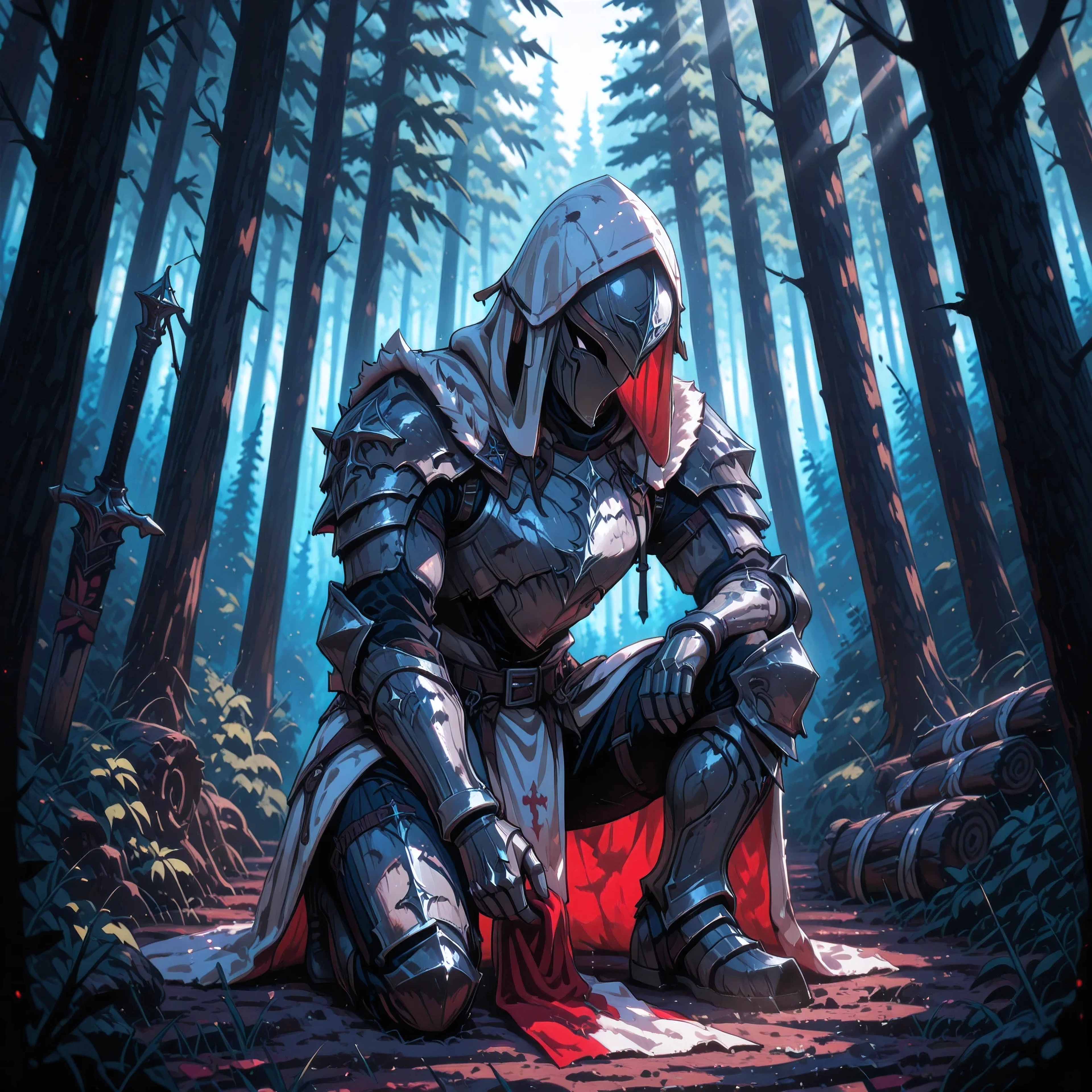 1 man with a slim build. young adult. Full fantasy clothing. Dexterous build. Clothing with a mix of cloth, pelt cloth clothing and silver armour. warn down and weathered. battle warn. Full metal Helmet hidden inder hood. light metal greeves. light metal gauntlets, metal boots, leg armour. full face helmet, cloth hood hanging over helmet. sword sheathed. hes down on one knee, looking down, one hand touching boot print on the ground. Background forest with tall trees and sunlight breaking through casting sun rays the top with plenty of shrubs and logs. High detailed, masterpiece, detailed shadows, vivid colouring, detailed wear and tear of clothing and armour, dirty armour.