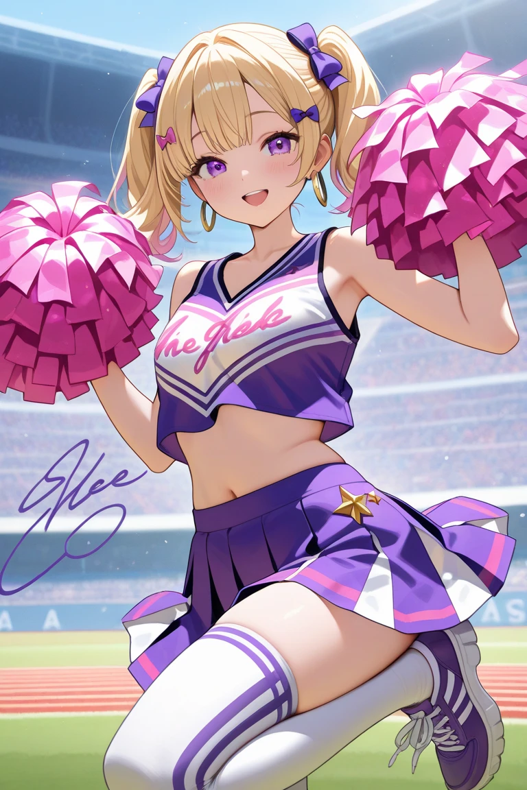 Cheerleader,One girl,cute,A big smile,Mouth wide open,I'm rooting for you,hair_Two Side Up,hair_Money,eye_green,Costume_green,blush