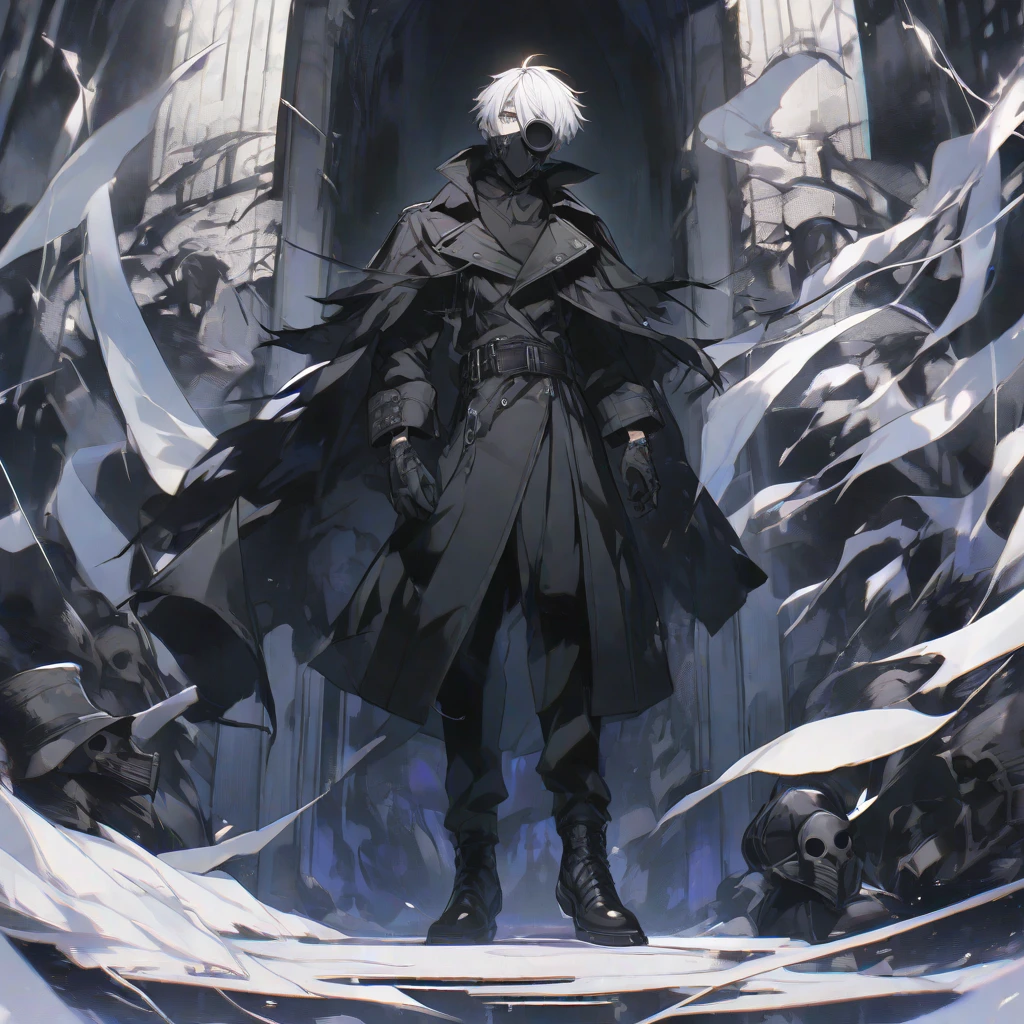 young man ,Male Dark, dark Woods, cold gray colors, man white hair with blue eye, Warlock dnd , Skeleton army in background