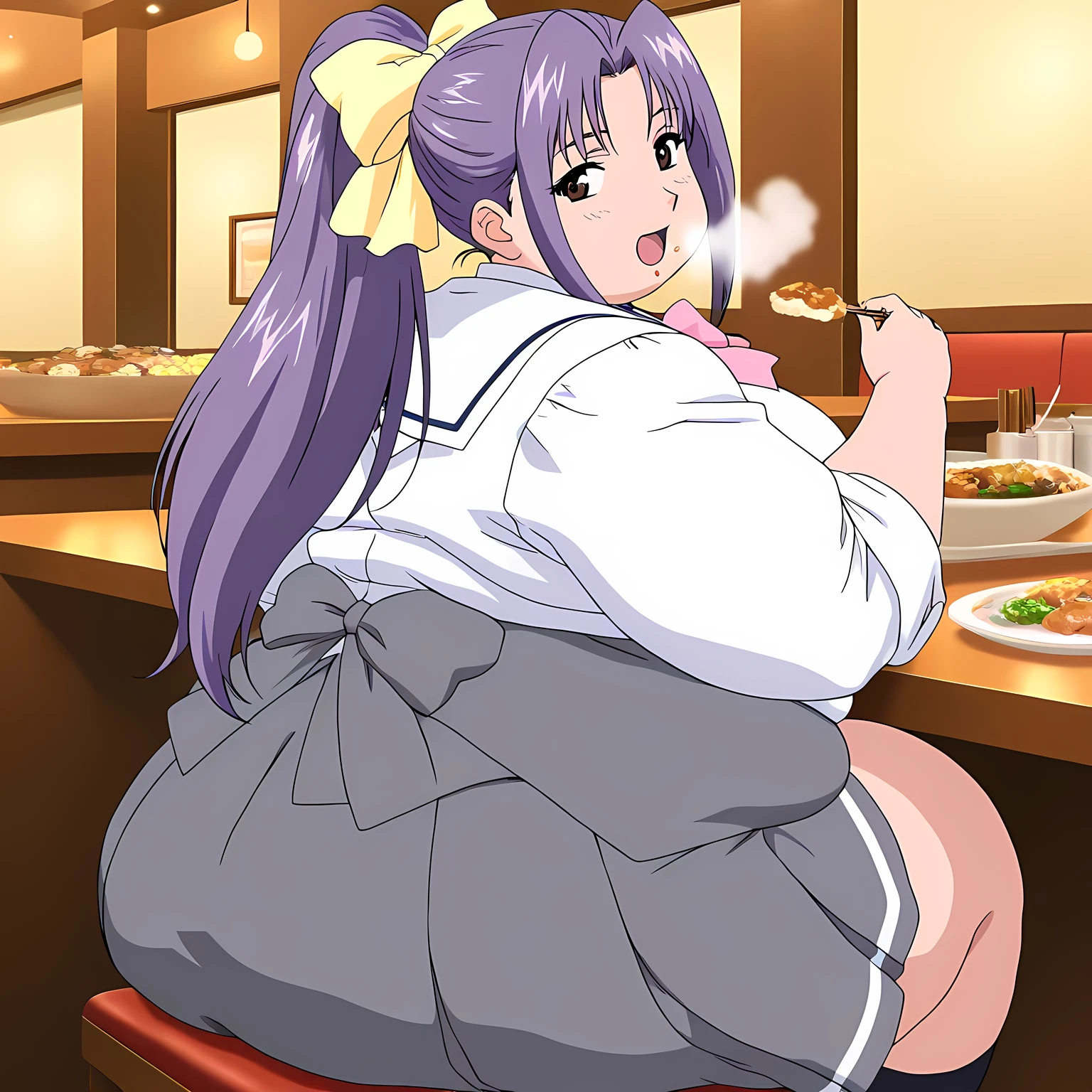 general,highres, game cg, ultra-detailed,very aesthetic,best quality ,best hands, BREAK anime coloring,
koigakubo_Momoko, purple hair, long hair, hair bow, brown eyes, ponytail, pink bow, 1girl, solo, school uniform, Yellow bow, ,
smile,looking back at viewer, gray skirt
indoor, restaurant, sitting in front of tones of food, sitting, eating food, from behind, pov belly, fat, chubby, obese, gigantic arms and legs, large breasts open mouth, out of breath