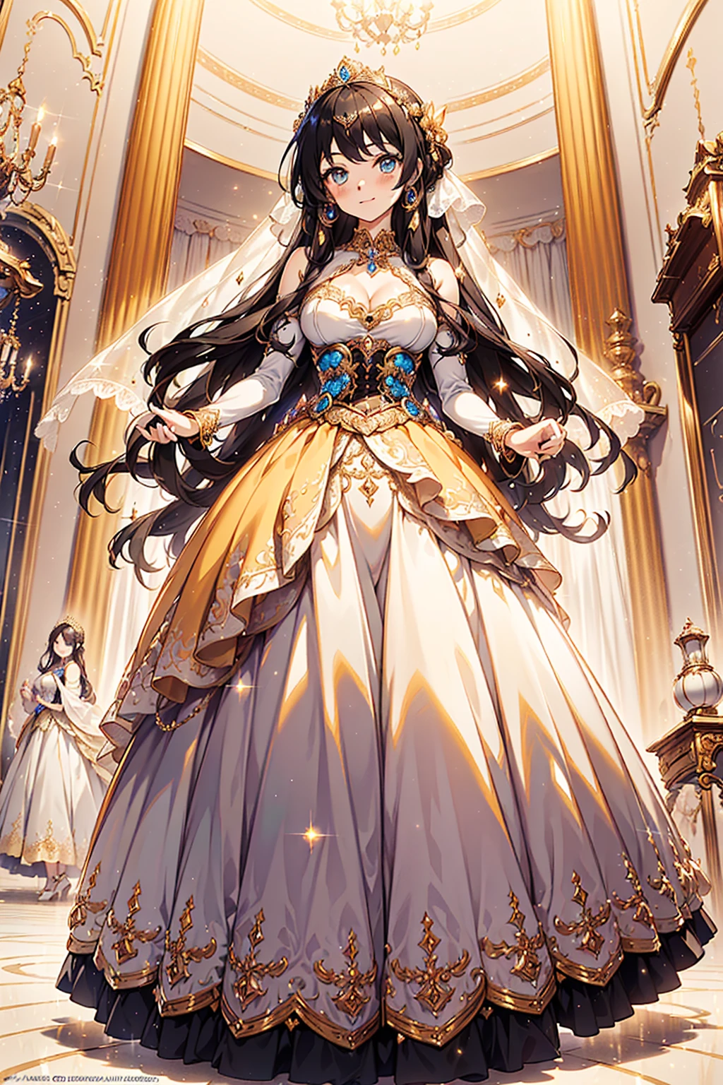 ((anime artstyle)),(Masterpiece),(Best Quality), (Super Detail),((Very Delicate and Beautiful)),(((Solo))),((full body portrait)),((1 arrogant princess in gorgeous black and gold rococo ballgown with voluminous full length hoop skirt)),(crinoline),gorgeousfull embroidery,Long train(arrogant,haughty),(((arrogant smile))),Sharp eyes,(standing in the royal palace,holding a luxurious scepter),sunlight,medieval main street,gorgeous gemstone jewelry,detailed face and eyes,jewel-like eyes,Purple eyes,(Bangs between eyes),((large amount of straight hair,extremely Long voluminous black Hair)),((gigantic tits,Long tits)),gorgeousfull embroidery,cleavage,extremely gorgeousfull hair ornament,(bling-bling extremely gorgeousfull jeweled tiara),gorgeous corsage,(Dynamic Angle),Looking at viewer,(full body)),((gorgeous black and gold rococo ballgown with voluminous full length hoop skirt))