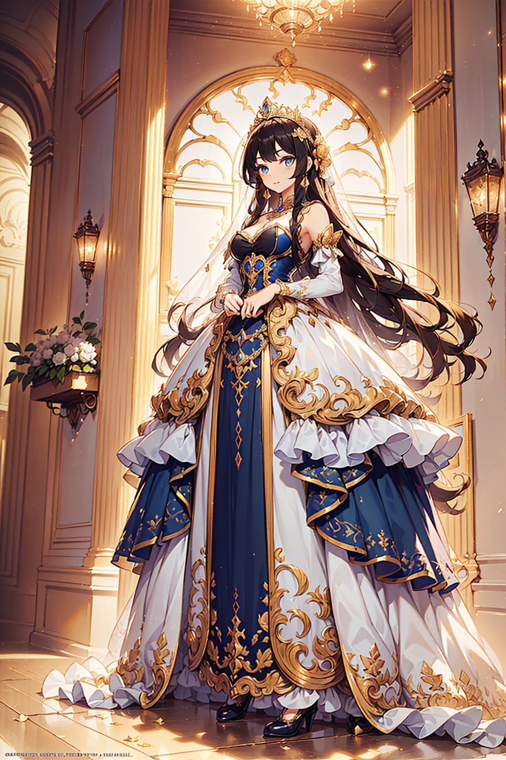 ultra-detailed, extremely detailed,((anime artstyle)),Masterpiece,(Best Quality),(Super Detail),(Very Delicate and Beautiful),((Solo)),((full body)),full body,((detailed face and eyes)),perfect eyes, rendered eyes,jewel-like beautiful eyes,((1 princess in beautiful embroidery and jeweled gorgeous rococo ballgown with frilled voluminous full length hoop skirt)),((Crinoline)),beautiful embroidery and jeweled gorgeous rococo ballgown with frilled voluminous full length hoop skirt,(large amount of straight hair,extremely voluminous Very Long straight Hair,Absolutely Long Straight Hair),sparkly skin,(((very gigantic boobs,curvy,skindentation))),Bursting breasts,cleavage,(fantasy castle,outdoors,outside the castle),long_gloves,extremely gorgeousfull jeweled hair ornament,(bling-bling extremely gorgeousfull jeweled tiara),(luxurious jewelry),full body,beautiful embroidery and jeweled gorgeous rococo ballgown with frilled voluminous full length hoop skirt