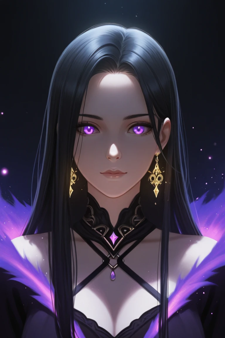 masterpiece, Score_9, Score_8_up, Score_7_up, front view, 1 woman, alone, dark purple hair, long hair, hair tied, no bangs, yellow orange eyes, beautiful eyes, detailed eyes, narrowed eyes, silent lips, no expression, skin smooth, big breasts, cool dark black clothes, wearing a black sleeveless robe, sleeveless shirt, black shorts, best quality, black boots.