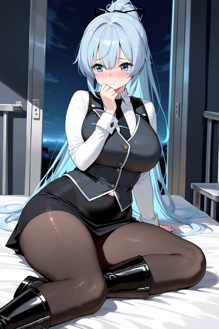 noodlenood style, 1girl, halo, breasts, solo, pointy_ears, pantyhose, high_heels, long_hair, necktie, sitting, black_hair, blue_eyes, blue_necktie, large_breasts, white_gloves, earrings, glasses, gloves, jewelry, eyewear_removed, looking_at_viewer, black_pantyhose, bangs, parted_lips, crossed_legs, jacket, sideboob, sleeveless, smile, very_long_hair, window, dress, hand_on_own_knee, cityscape, white_footwear, blue_hair, indoors, half_gloves, swept_bangs, white_dress, jacket_on_shoulders, blush, bare_shoulders, white_jacket