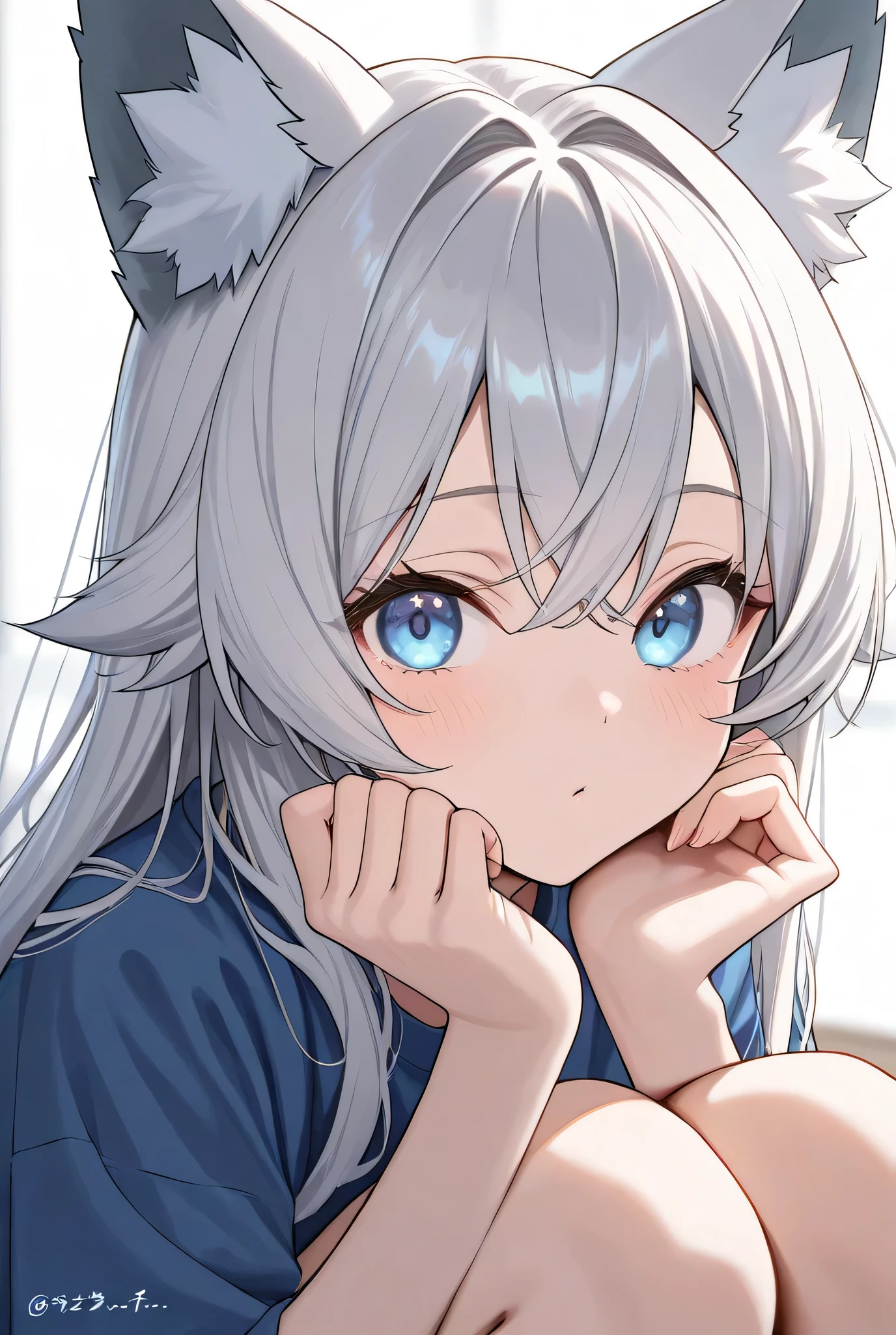  Anime, 1girl,Wolf Girl、 Silver Hair、Blue eyes、寝起き、masterpiece, Highest Quality、very aesthetic, high resolution, Newest,