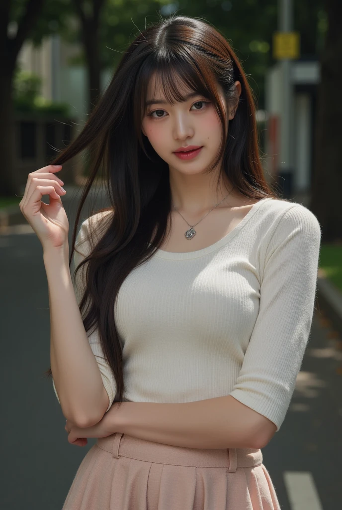 8k, masterpiece,1girl in, 18, Solo, Long hair, Colossal tits, Looking at Viewer, black hair, Bare shoulders, Brown eyes, jewely, Full body, a necklace, off shoulders, Sweaters, Realistic, A sexy
