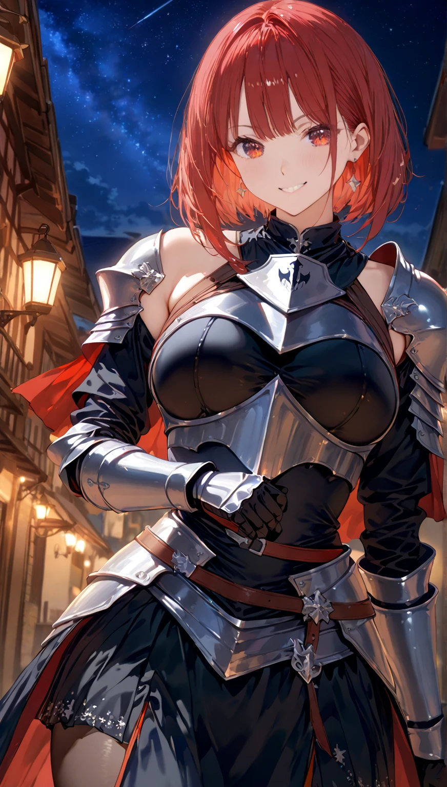 (Highest quality, masterpiece), (Ultra-high resolution, 8k RAW photos, Photorealistic:1.5, Cinema Lighting, Fabric Shading, Thin contours, Clear focus:1.2), Beautiful mature woman, Leaning forward, Long legs, Red hair:1.3, (Wearing thin glasses:1.5), (Mature Woman:1.5, 28 years old, alone),  (1 female:1.6), (Large Breasts, Saggy breasts, big , Tight waist), whole bodyesbian, (very short hair:1.8, Red hair:1.3, ), (thin and bright pupils, Highlighted, detailed eyes:1.3, A face with attention to detail, perfect face shape, Bloodshot eyes), (A seductive smile, Half-close your eyes:1.2), (Looking at the audience:1.3), (Dutch Angle, whole body:0.5, From below:1.5), ((Correct Anatomy:1.5, The right move)), (Ideal body proportions),(((Fluttering lace flared mini skirt, Sexy silver armor with attention to detail:1.5、red and black boots、Silver Helmet、Silver Gauntlets、Jeweled、Gold decoration)))、Slender、(Thighs Thighs Thighs Thighs:0.8)、(At the bar、Artistic stained glass、Hello Point、Mysterious、Particles of light、Solemn、Nikko is、colorful、Fantastic:1.2)、(Fantastic:1.3)、(Female knight with sword:1.8)、Cross Necklace:1.2, (Dynamic pose),