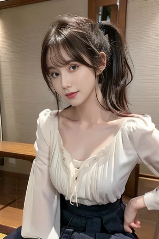 Ultra-detailed, finely detail, hight resolution, 8K Wallpaper, Perfect dynamic composition, Long hair ponytail,((8k, Raw photo, Best Quality, Mastepiece:1.2), (Realism, Photorealistic:1.4), (Highly detailed 8K wallpapers), Depth of written boundary, Cinematic Lighting, Soft Light, Detailed Beauty Eye,Shiny and smooth light brown ponytail, Asymmetrical bangs, Shiny skin, Ultra-detailed skins ,It is high resolution., High detail,,1 Japanese girl,Famous Japanese Idols, Perfect female body,A shy smile,Short eyelashes,Double-edged eyelids,Look straight here,Hair style: ponytail,ストリートスナップ