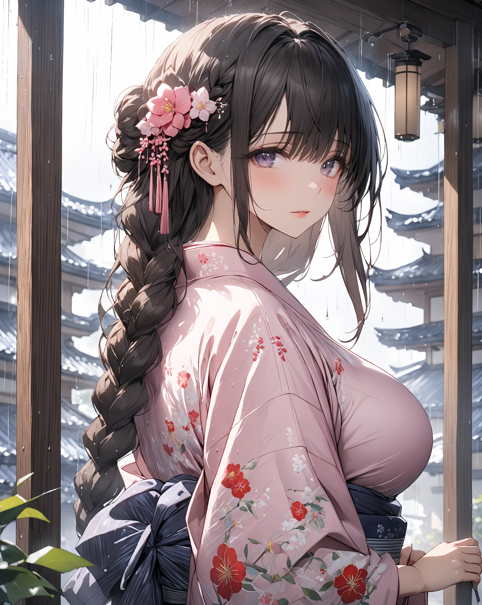 (8K、top-quality、masterpiece)、Romance of the Taisho era、japanese kimono、Beautiful adult woman、Graceful、Writer's research,((hyper gigantic breasts:1.7)),Pensive、boredom、Sentimental、suffocating、Enlightened look、Blurred world、illusion、long-haired with black hair、Ahoge、braid ponytail、