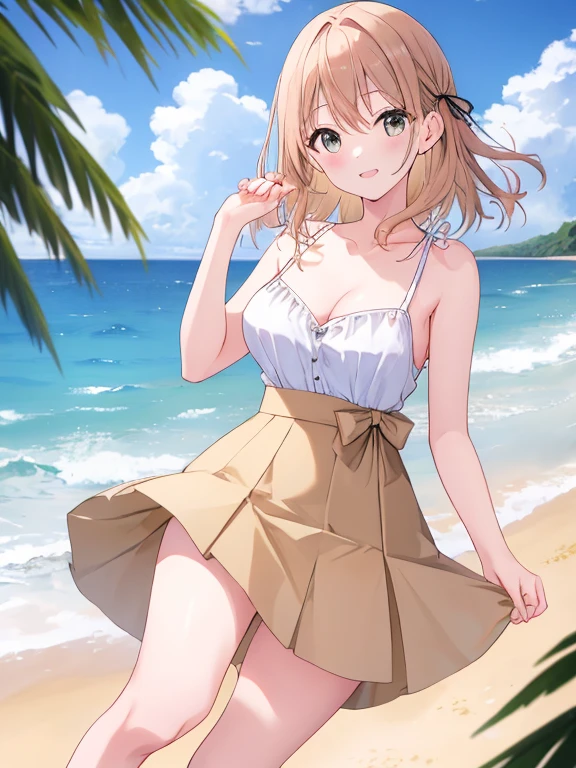 Azur Lane、ayanami、、ponytail、Tabletop、High resolution、Big and ample breasts、Naughty body、See-through、throw、、whole body、Look up at me、A kind smile、Are crying、blush、White Skirt、Micro Mini Skirt、Very short skirt、Very large breasts、Show me your breasts、Straw hat、White Dress、Sandy Beach、sunset、Madder sky、sunset beach、Seaside、White Sandals、