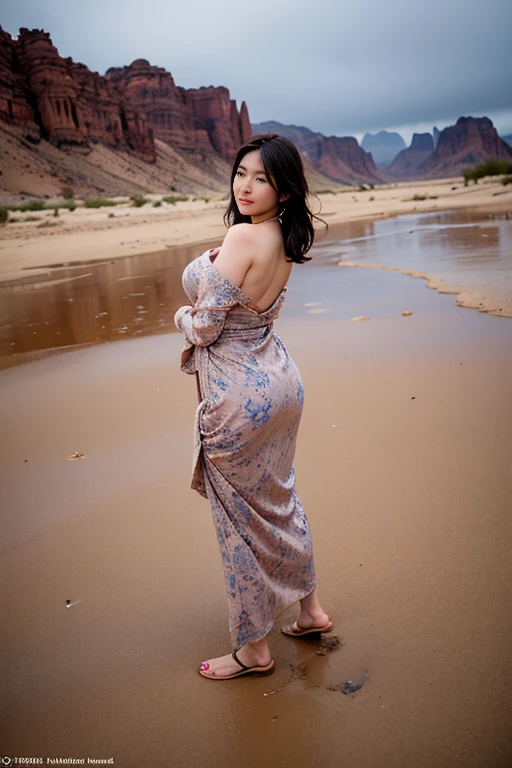 fullnude, japanaese girl, Sunset, sand dunes, A desert, Charming