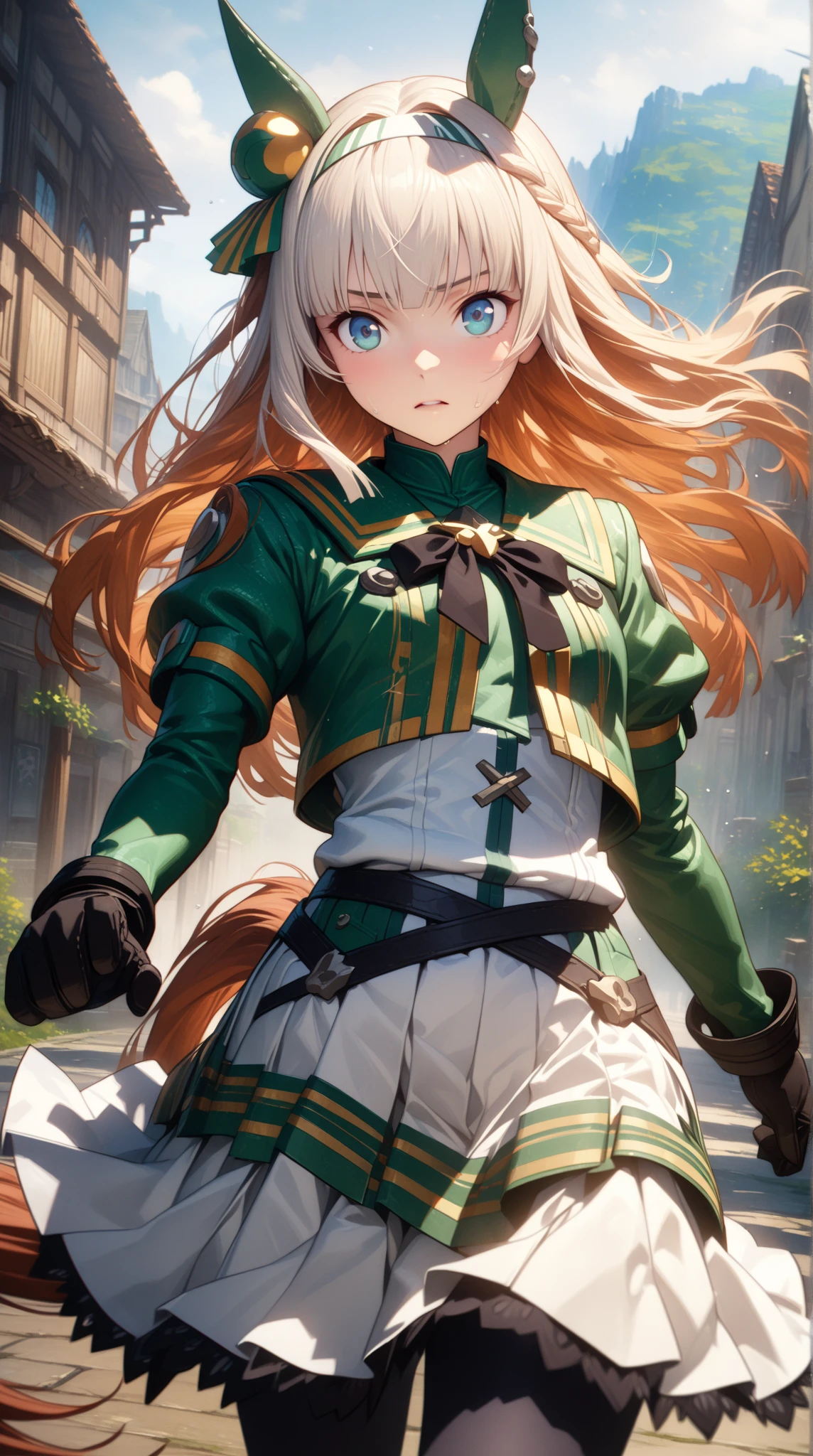 silencesuzuka, green eyes,horse tail ear covers, puffy sleeves, short over long sleeves, black gloves, white skirt,blush,open mouth,((hands between legs)),((from below)),((black pantyhose)),black panties under the pantyhose ,sweating,steam,Squatting,under tree,at outside,hands on floor