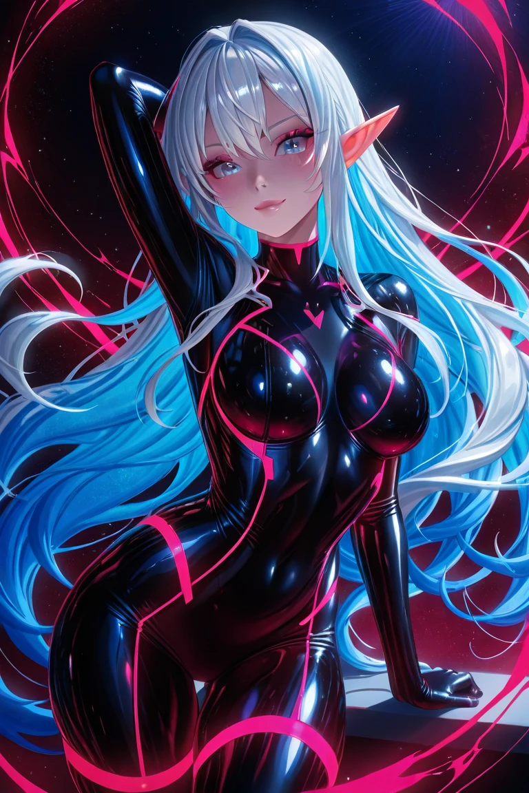 sexy alien girl, hourglass body, bright clothes, curious expression