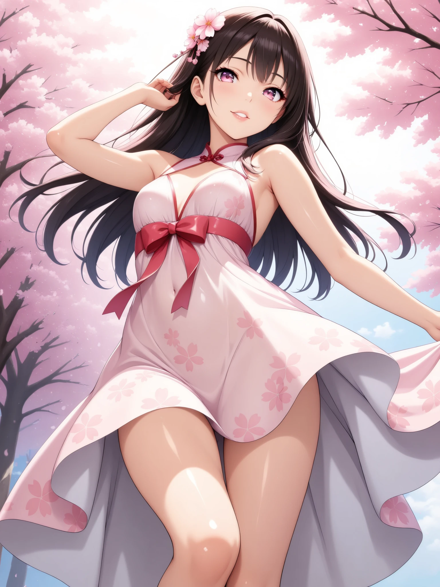 One Beautiful Girl , Cherry Blossom Dressの女性, ( Laughter, old), beautiful eyes on my stomach, Shiny Lips , Very detailed顔, long eyelashes, (, Hug Your Feet ), very small breasts, sexy, slender body, (cherry blossom texture, Cherry Blossom Dress, Spring Clothes, Sakura Costume, Danced with an emphasis on the waist
elegant, cherry blossom motif dress, cherry blossom motif dress, Clear), under a cherry tree , spring cherry blossom background, (Best Quality:1.2,Very detailed,CG illustration,masterpiece:1.2,BEST AESTHETICS),