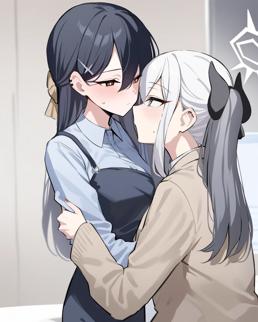 nsfw,,fellatio,sports sucking pov 1penis,dark skin 2females,female side by side, (black hair),short hair,bukkake on face,,white dress shirt,pleated checked skirt,look up,(blushed:1.2),trembling,(adult curvy females:1.1),bukkake on face,changing room,satisfied