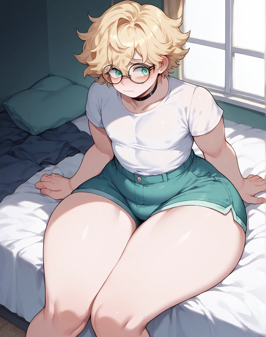 (best quality,ultrares,masterpiece:1.2) 1 feminine loli trap, female-like messy spiky blonde hair, green eyes, tight green buttonup shirt, bulge, femboy, flustered, blush,, young virgin, petite, barefoot, spread legs, laying down on bed, sweating, otokonoko, very feminine body, trap, femboy, wedgie, see-through bulge, fragile body type, anime style, very child-like face, 