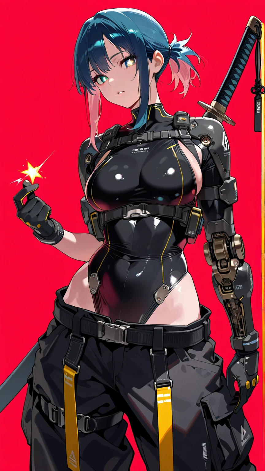 zexy zombie girl, PERFECT FACE, THICK LIPS, NEON RED eyes, CYBERPUNK ARMY SUIT, holds two swords, blood stains, curves, big breasts, YELLOW GREEN colors, ATTACK POSE, full body focus, high definition.