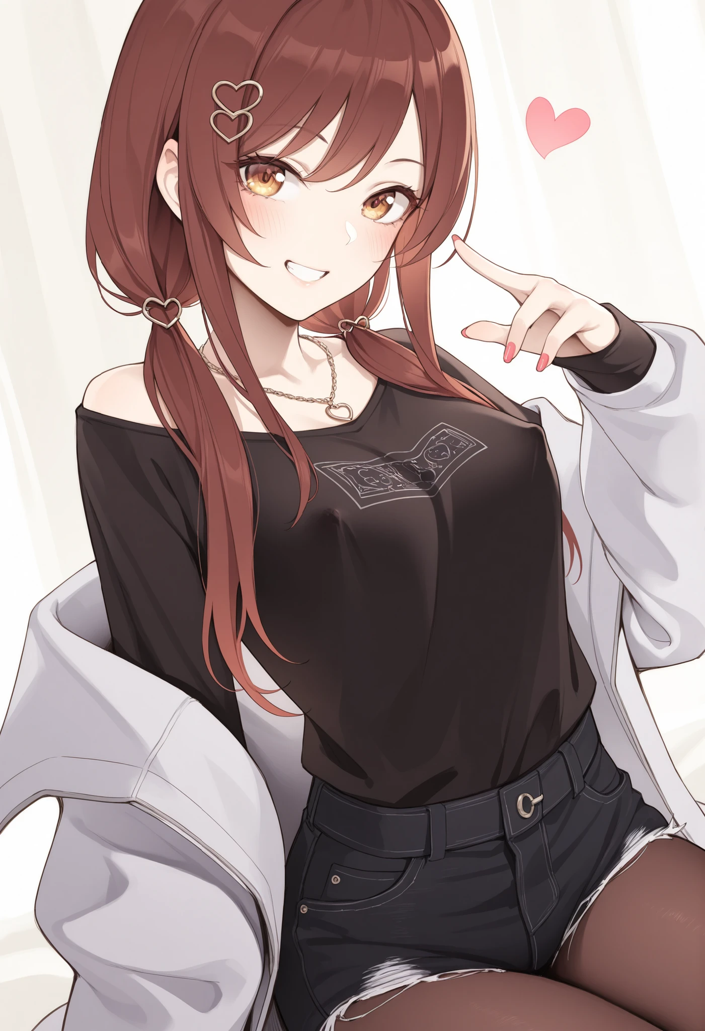 1girl,osaki amana,idolmaster shiny colors, black shirt, black shorts, brown eyes, brown hair, brown pantyhose, cutoffs, grin, hair ornament, hair over shoulder, hand up, heart, heart hair ornament, jacket, jewelry, long hair, long sleeves, low twintails, nail polish, necklace, off shoulder, open,asutora,nanahara fuyuki,ruo zhishi chu jian,yueko \(jiayue wu\),colis,masterpiece, best quality, amazing quality, very aesthetic, absurdres,newest,huge filesize,show nipples、