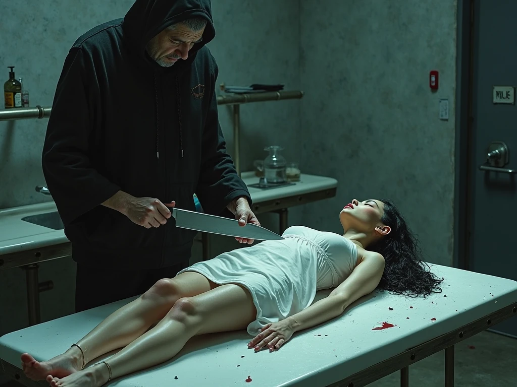 Gory horror scene, Busty Voluptuous girl wearing black lace lingerie, a doctor cutting her neck with a dagger, bleeding, ????, cut wound